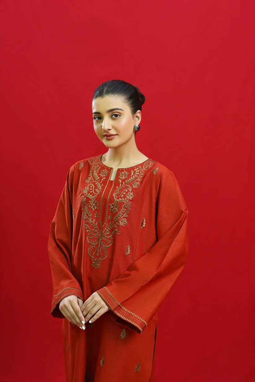 URGE-3PC DHANAK EMBROIDERED SHIRT WITH COUTURE PRINTED SHAWL & EMB TROUSER-ADR-3354