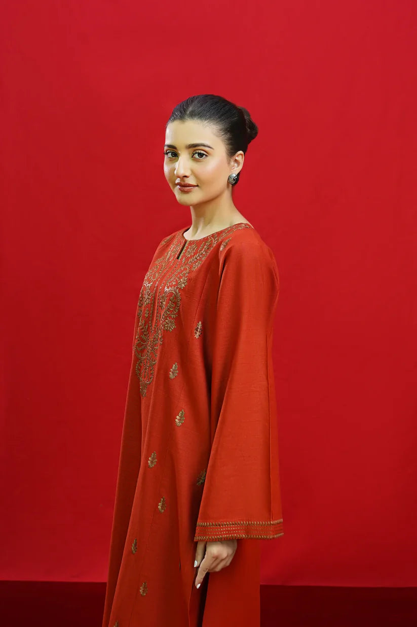 URGE-3PC DHANAK EMBROIDERED SHIRT WITH COUTURE PRINTED SHAWL & EMB TROUSER-ADR-3354