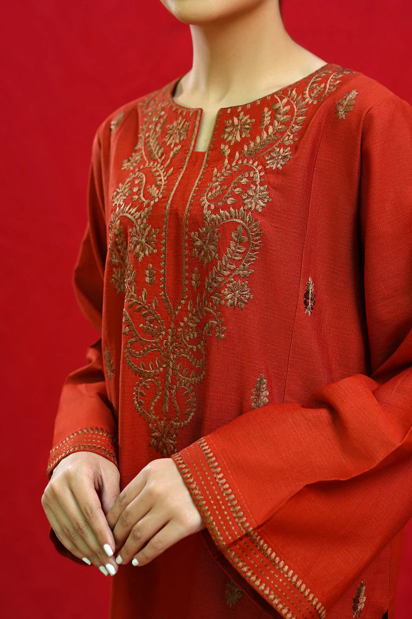 URGE-3PC DHANAK EMBROIDERED SHIRT WITH COUTURE PRINTED SHAWL & EMB TROUSER-ADR-3354