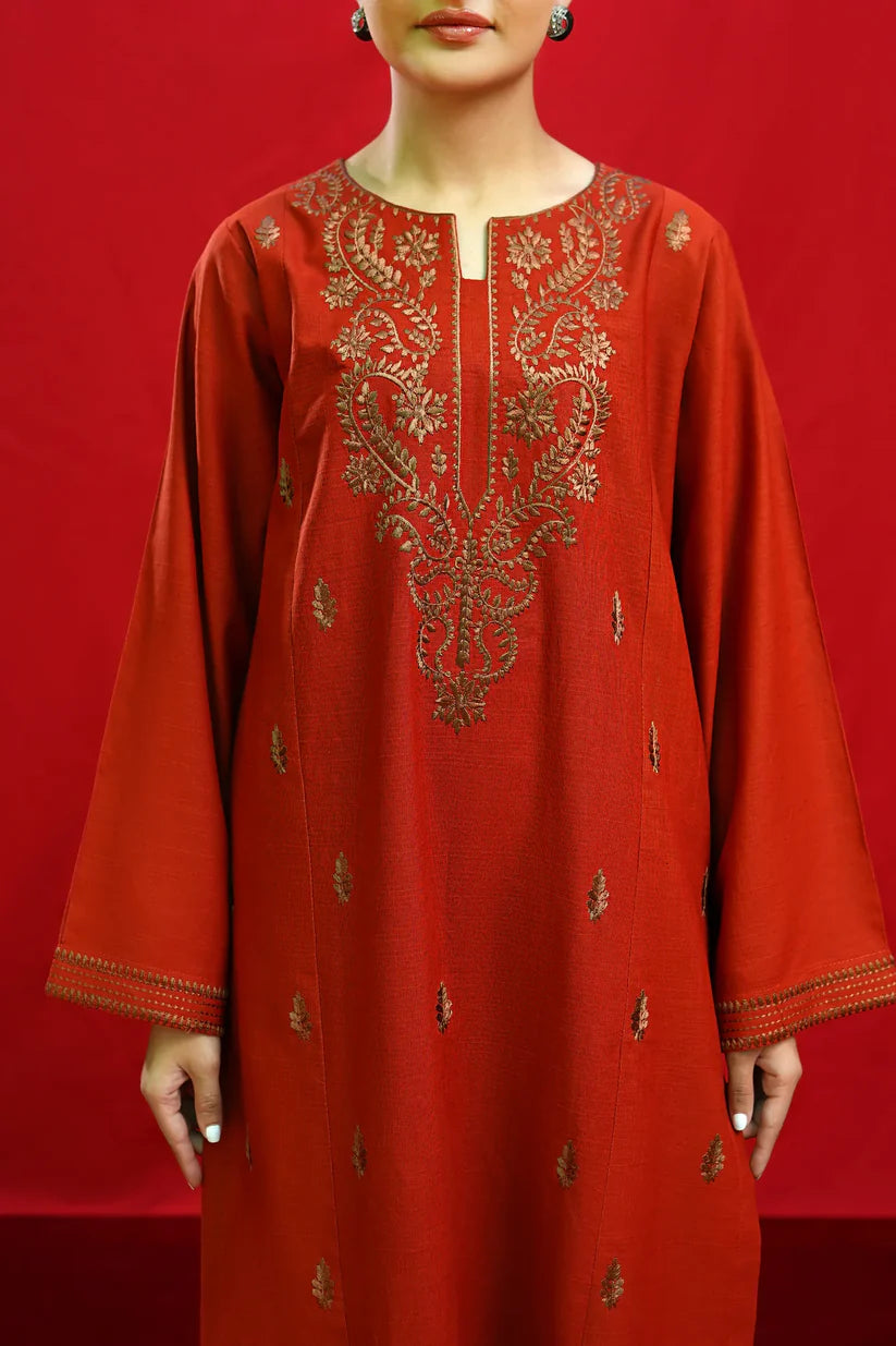 URGE-3PC DHANAK EMBROIDERED SHIRT WITH COUTURE PRINTED SHAWL & EMB TROUSER-ADR-3354