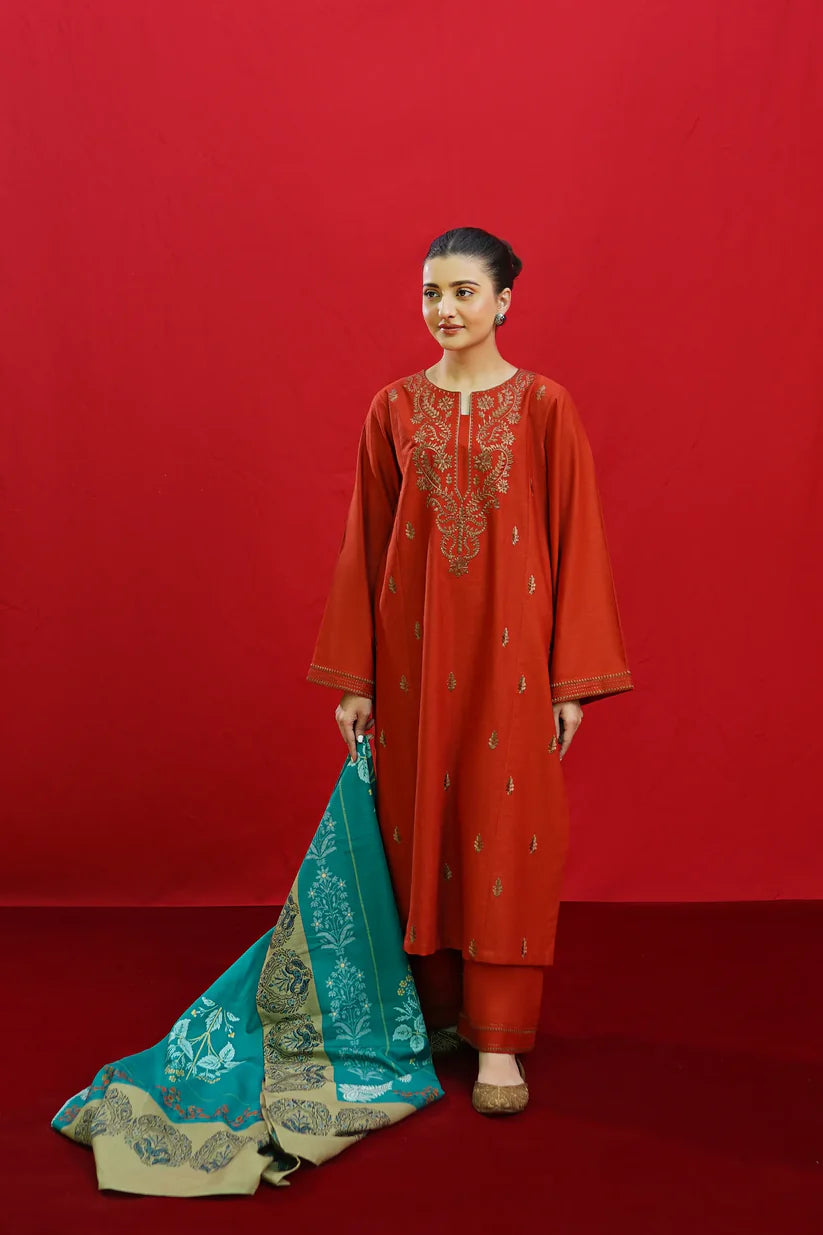 URGE-3PC DHANAK EMBROIDERED SHIRT WITH COUTURE PRINTED SHAWL & EMB TROUSER-ADR-3354