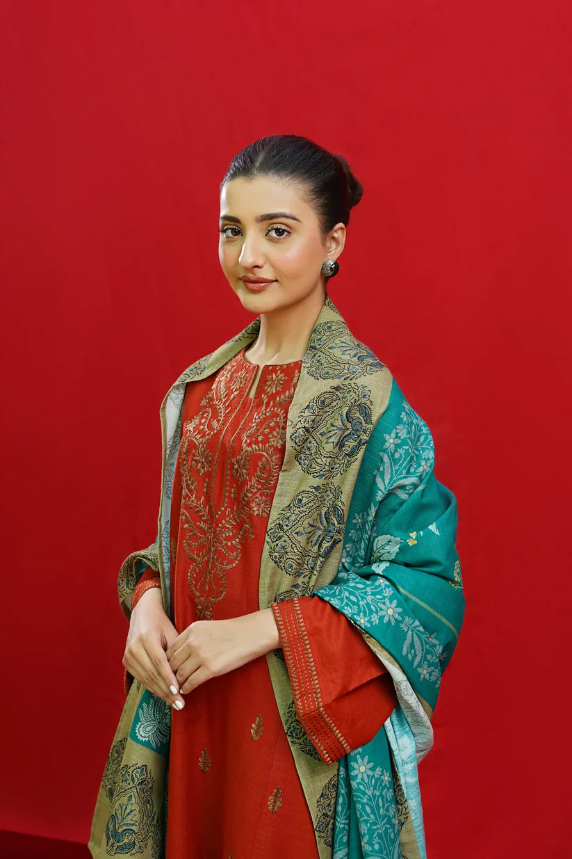 URGE-3PC DHANAK EMBROIDERED SHIRT WITH COUTURE PRINTED SHAWL & EMB TROUSER-ADR-3354