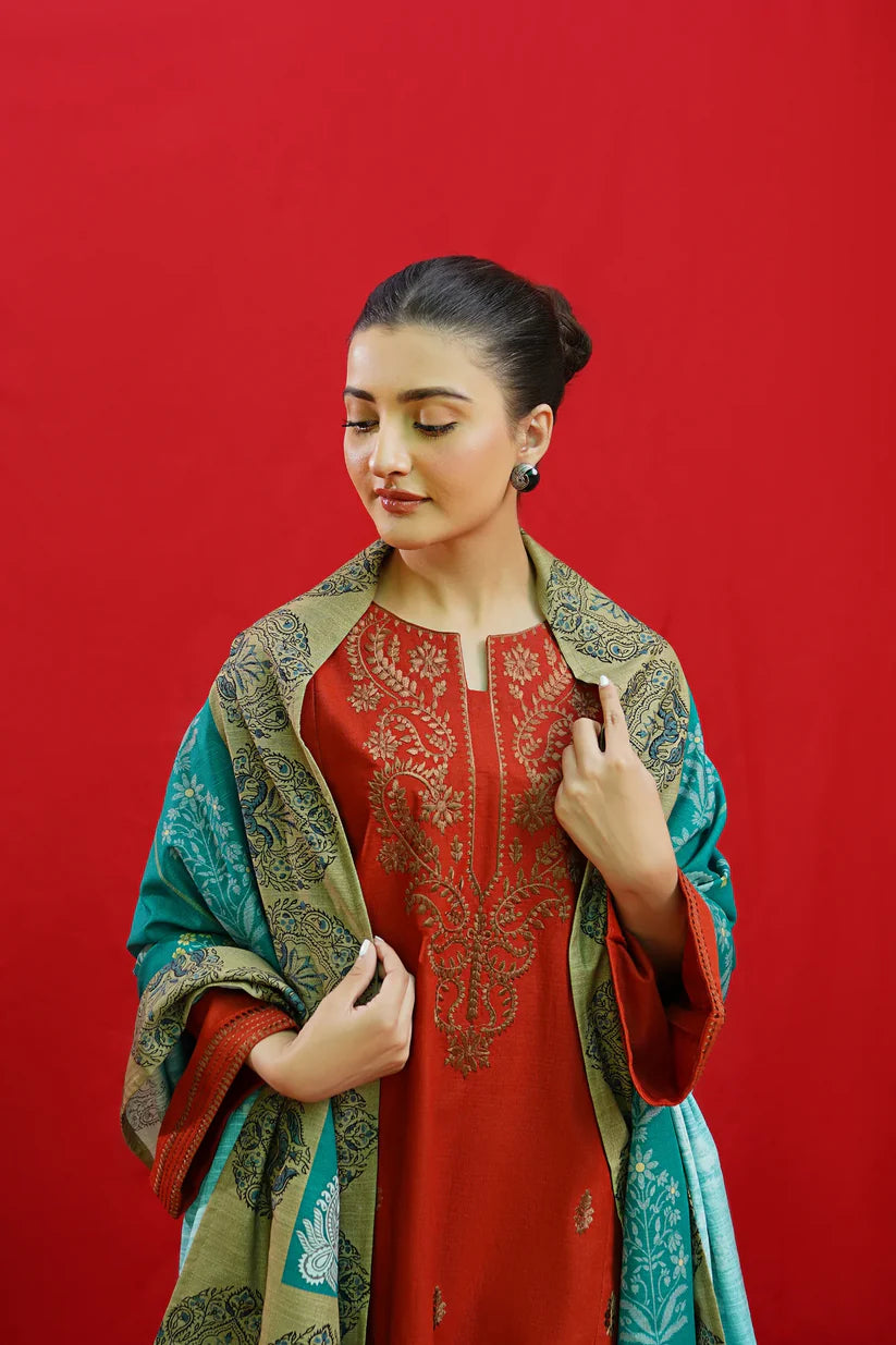 URGE-3PC DHANAK EMBROIDERED SHIRT WITH COUTURE PRINTED SHAWL & EMB TROUSER-ADR-3354