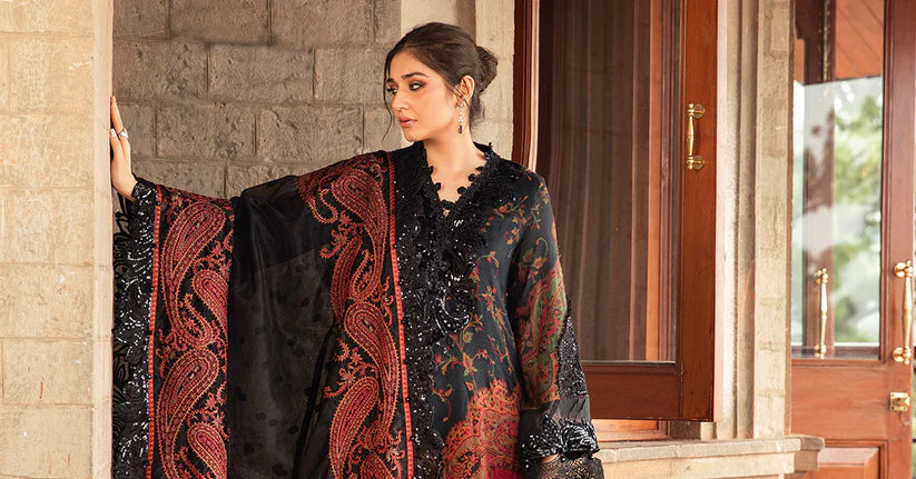 MARIA.B-3PC LAWN PRINTED EMB SHIRT WITH CHIFFON PRINT DUPATTA AND PRINT TROUSER-ADR-2528
