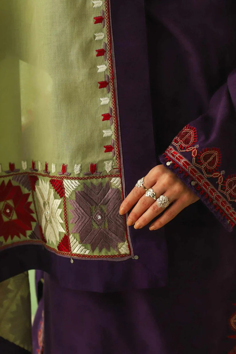 ZARA SHAHJAHAN- 3PC DHANAK EMBROIDERED SHIRT WITH DHANAK EMBROIDERED SHAWL AND EMB TROUSER-ADR-3128