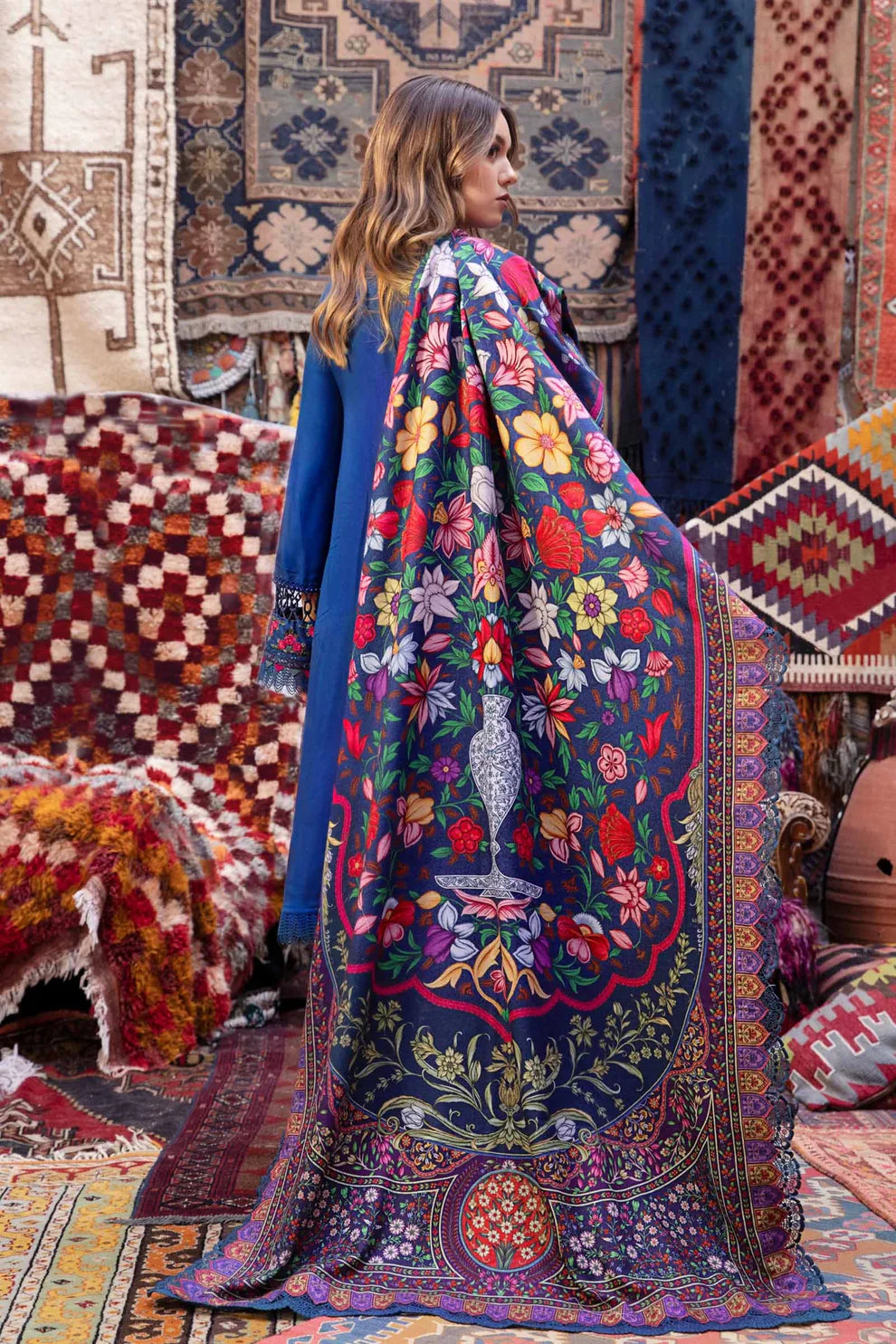 MARIA-B- 3PC DHANAK EMBROIDERED SHIRT WITH COUTURE PRINT SHAWL AND TROUSER-ADR-3114