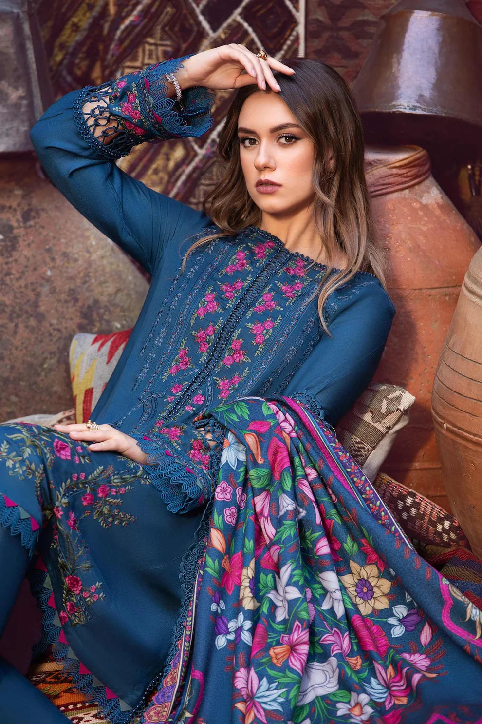 MARIA-B- 3PC DHANAK EMBROIDERED SHIRT WITH COUTURE PRINT SHAWL AND TROUSER-ADR-3114