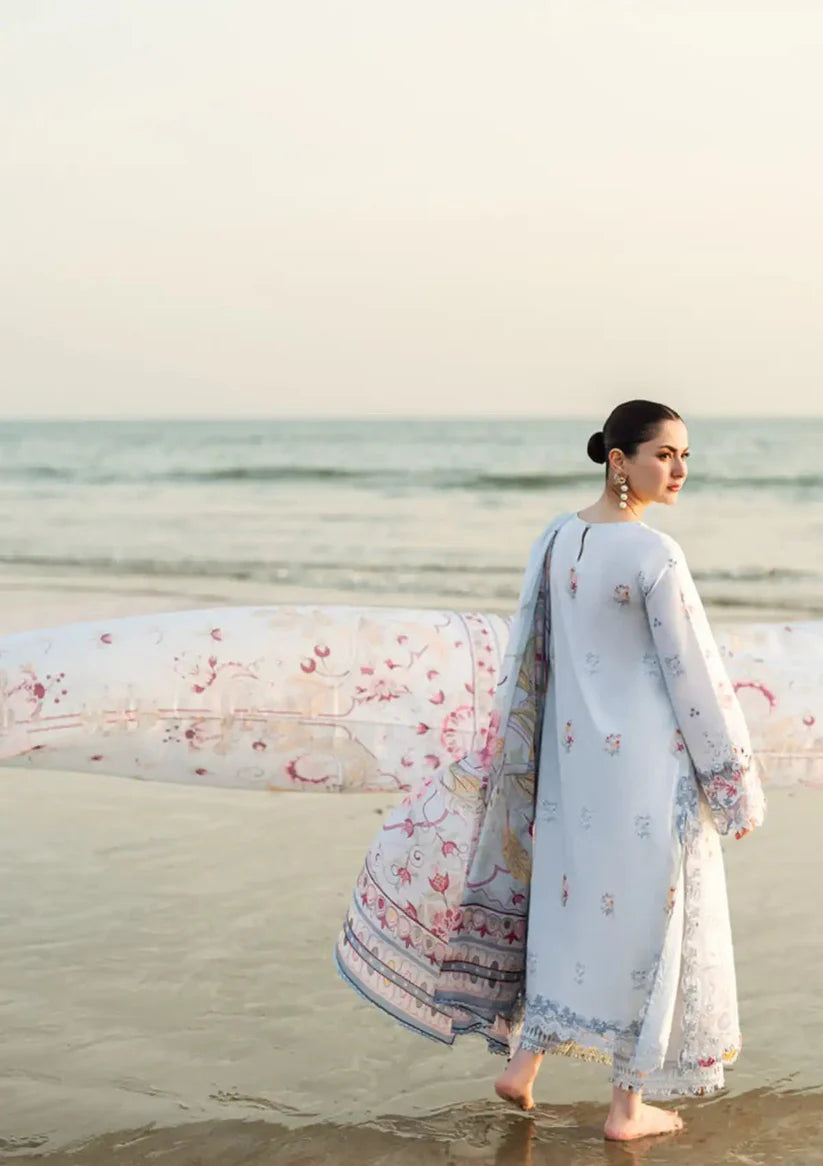 QALAMQAR - 3PC LAWN EMBROIDERED SHIRT WITH MONARK PRINTED DUPATTA AND TROUSER-ADR-3663
