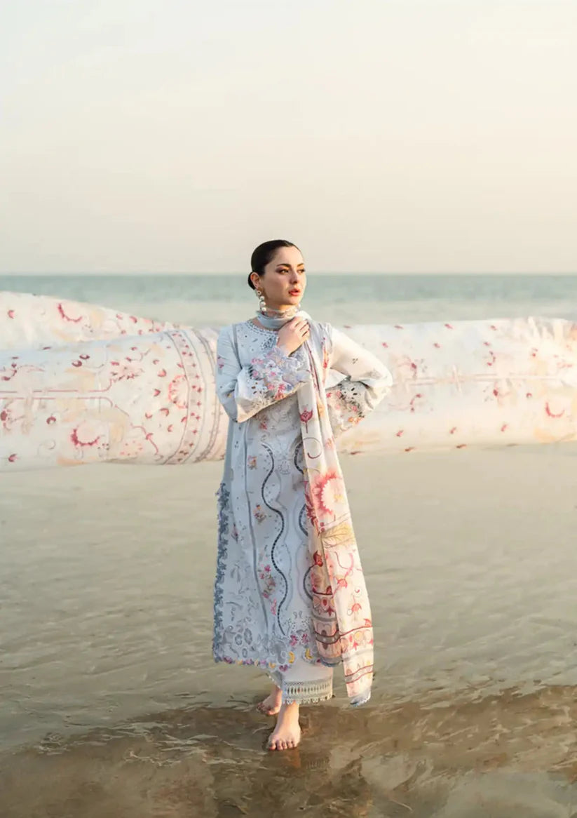 QALAMQAR - 3PC LAWN EMBROIDERED SHIRT WITH MONARK PRINTED DUPATTA AND TROUSER-ADR-3663