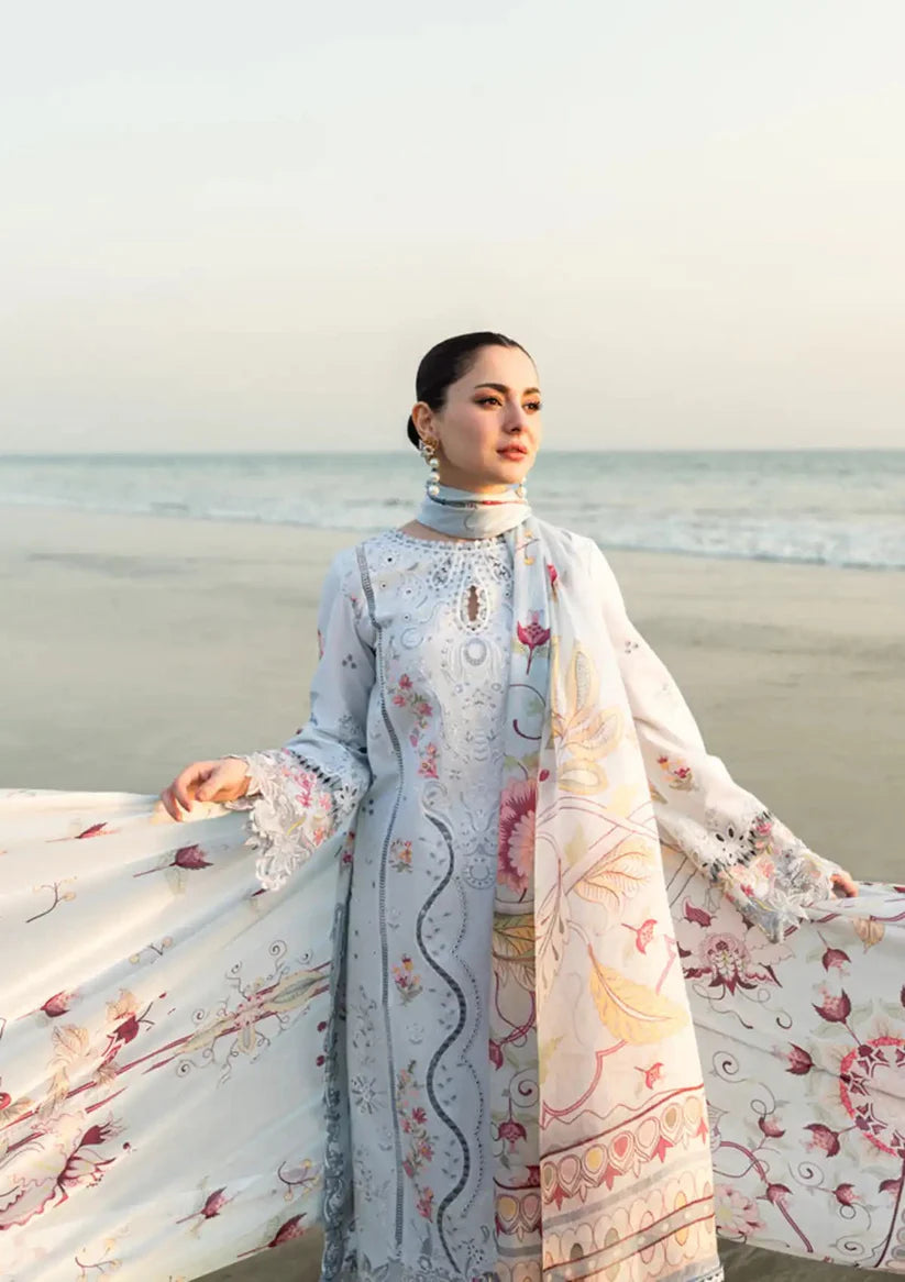 QALAMQAR - 3PC LAWN EMBROIDERED SHIRT WITH MONARK PRINTED DUPATTA AND TROUSER-ADR-3663