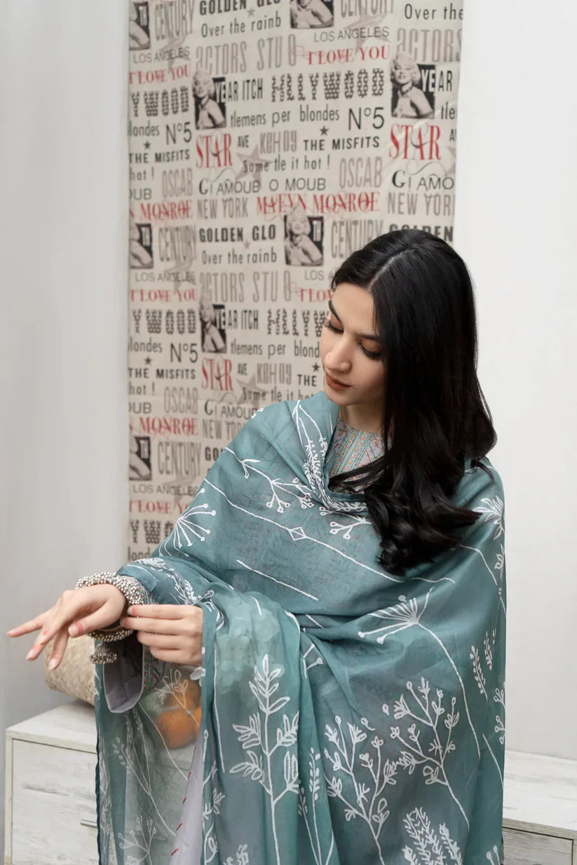 URGE - 3PC DHANAK EMBROIDERED SHIRT WITH COUTUTRE PRINTED SHAWL & EMB TROUSER-ADR-4007