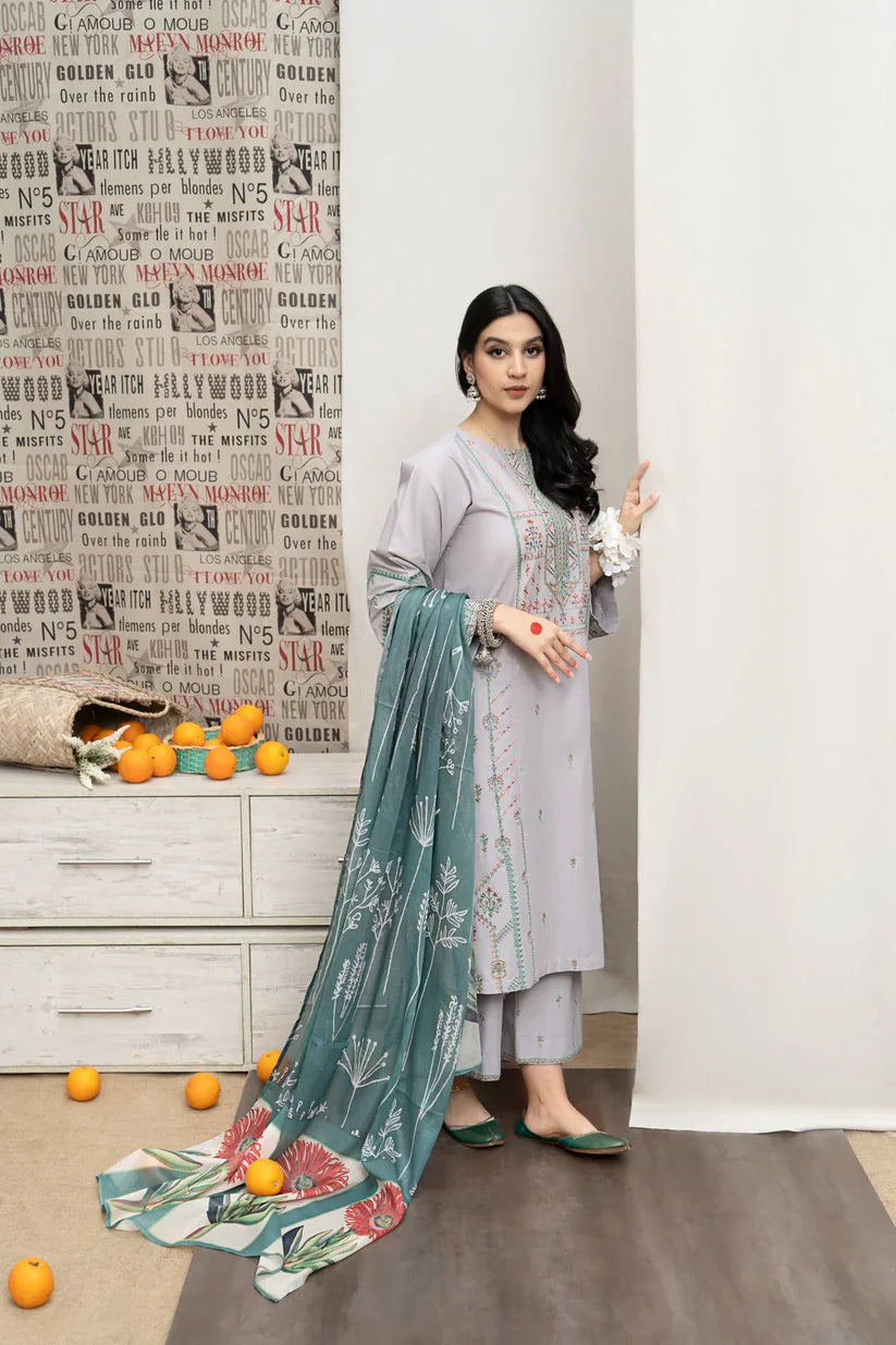 URGE - 3PC DHANAK EMBROIDERED SHIRT WITH COUTUTRE PRINTED SHAWL & EMB TROUSER-ADR-4007