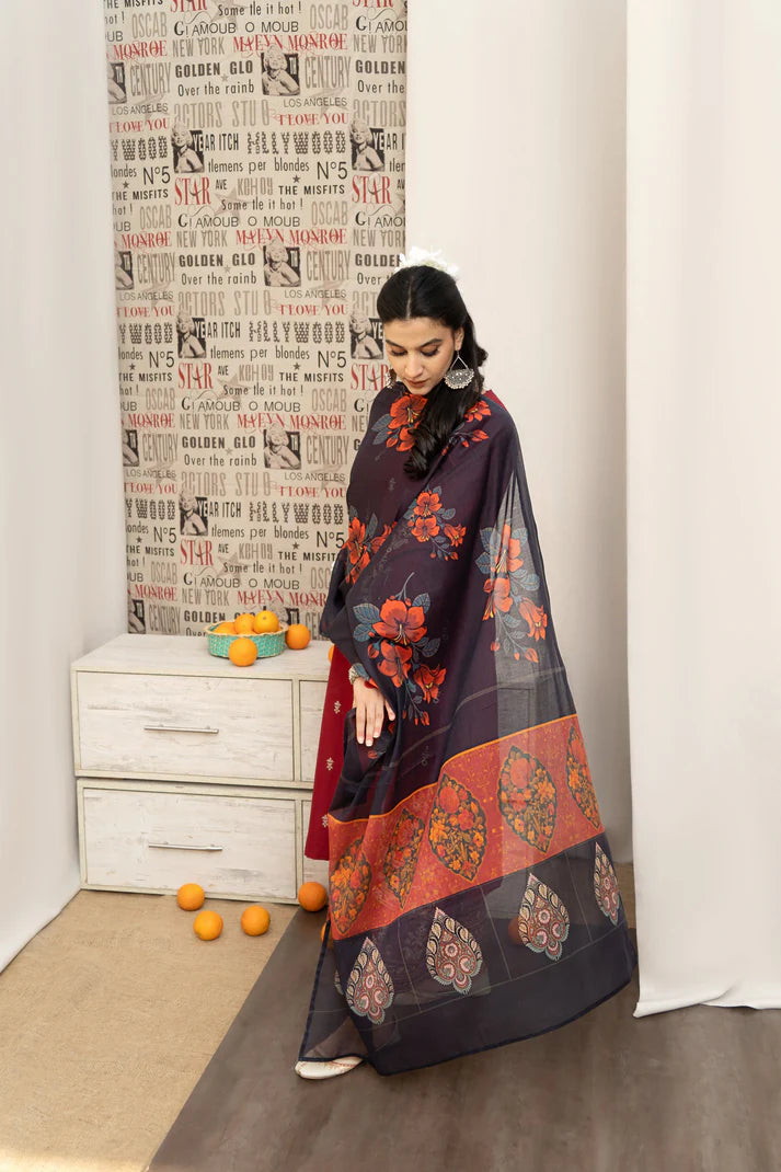 URGE - 3PC DHANAK EMBROIDERED SHIRT WITH COUTURE PRINTED SHAWL AND EMB TROUSER-ADR-4059