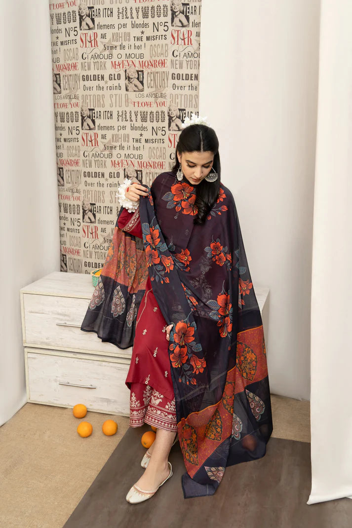 URGE - 3PC DHANAK EMBROIDERED SHIRT WITH COUTURE PRINTED SHAWL AND EMB TROUSER-ADR-4059