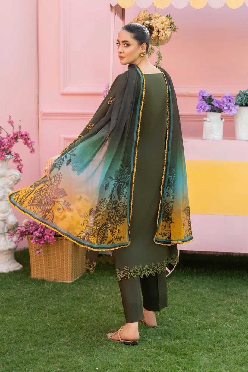 MIRAKHI - 3PC LAWN EMBROIDERED SHIRT WITH CHIFFON PRINTED DUPATTA AND TROUSER -ADR-M12