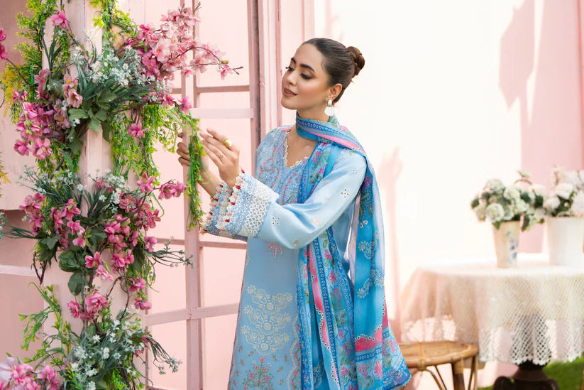 MIRAKHI-3PC LAWN EMBROIDERED SHIRT WITH CHIFFON PRINTED DUPATTA AND TROUSER-ADR-M11