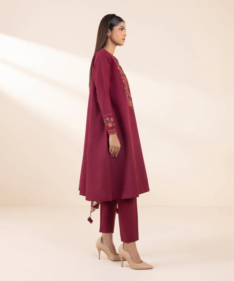 SAPPHIRE- 3PC DHANAK EMBROIDERED SHIRT WITH WOOL PRINT SHAWL AND TROUSER-ADR-3380