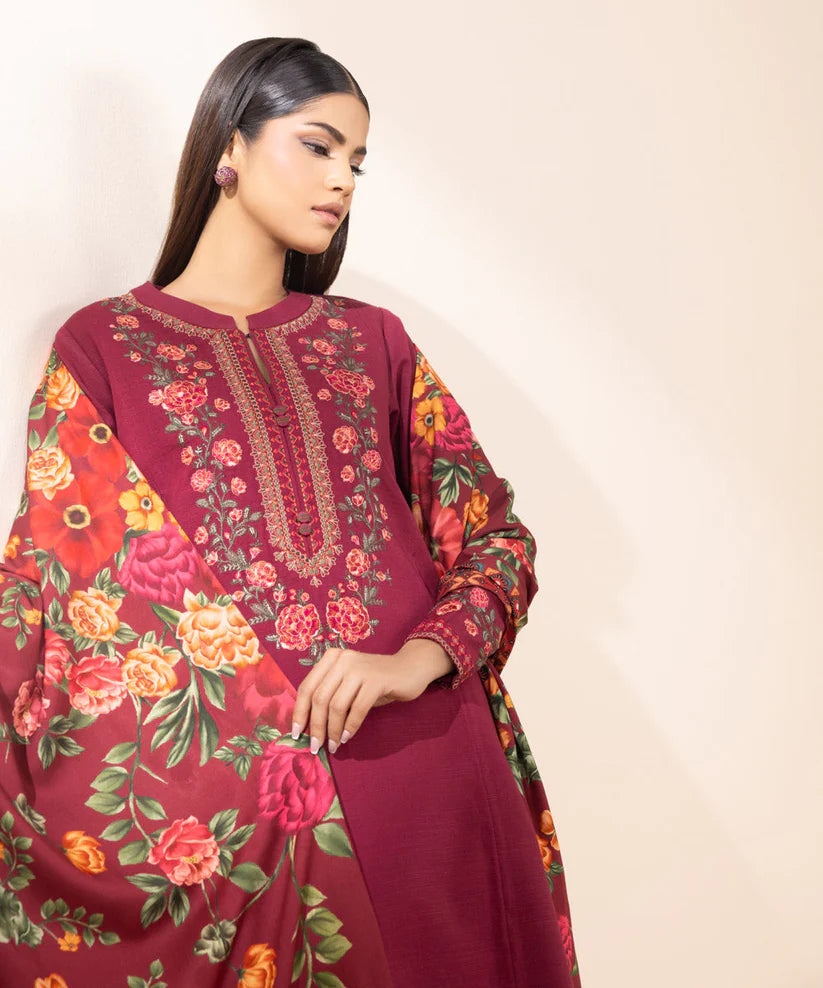 SAPPHIRE- 3PC DHANAK EMBROIDERED SHIRT WITH WOOL PRINT SHAWL AND TROUSER-ADR-3380