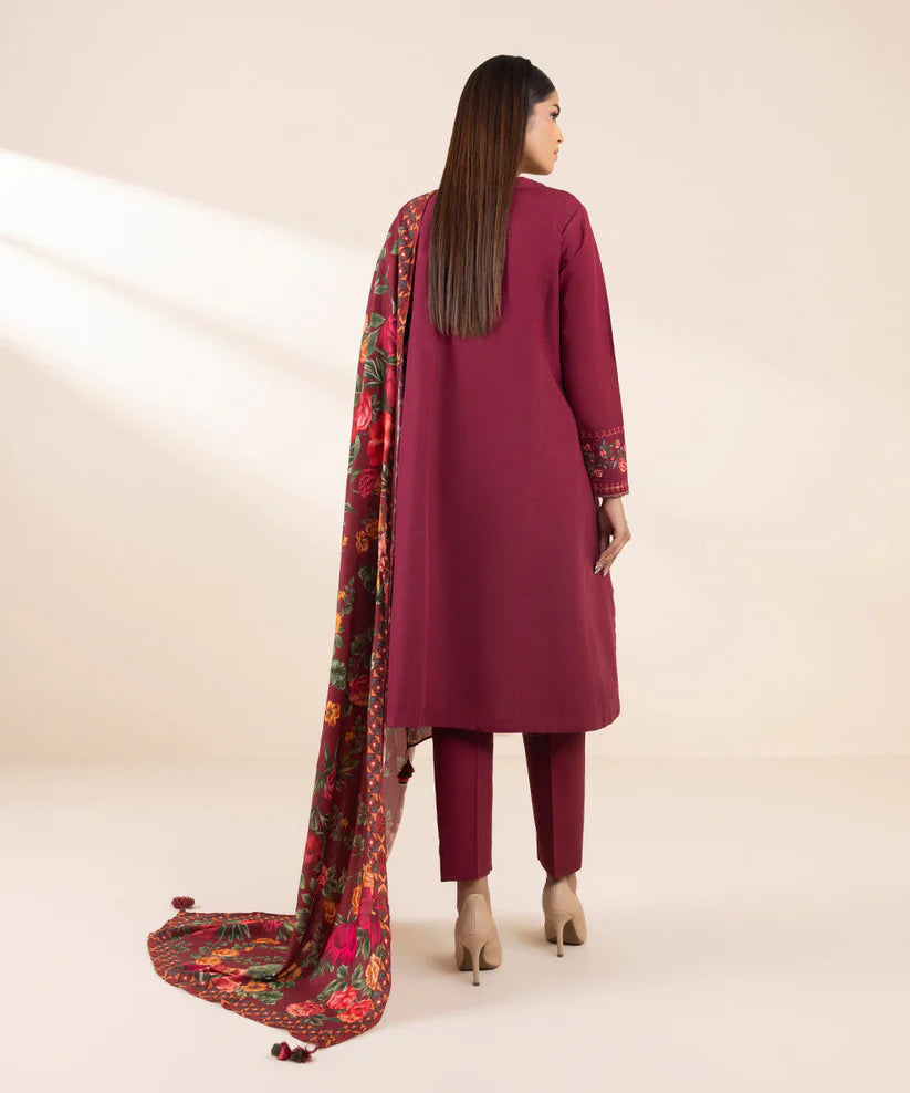SAPPHIRE- 3PC DHANAK EMBROIDERED SHIRT WITH WOOL PRINT SHAWL AND TROUSER-ADR-3380