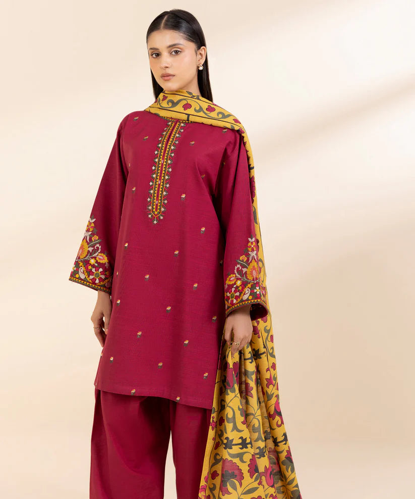 SAPPHIRE- 3PC KHADAR EMBROIDERED SHIRT WITH WOOL PRINT SHAWL AND TROUSER-ADR-3373