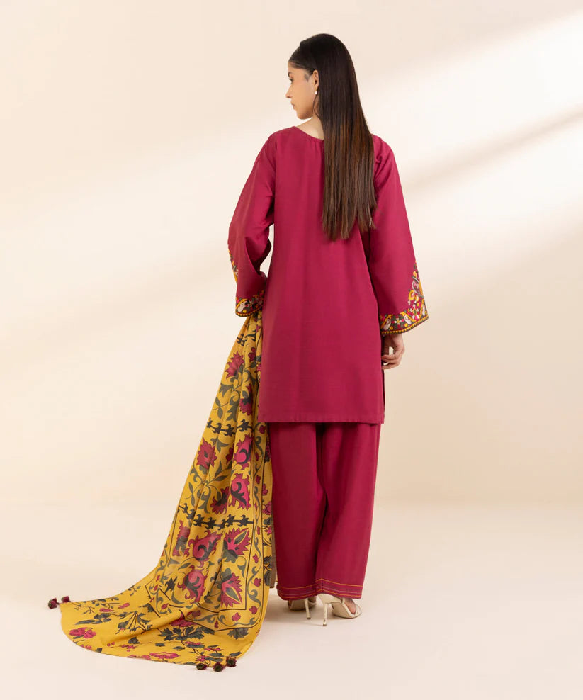 SAPPHIRE- 3PC KHADAR EMBROIDERED SHIRT WITH WOOL PRINT SHAWL AND TROUSER-ADR-3373