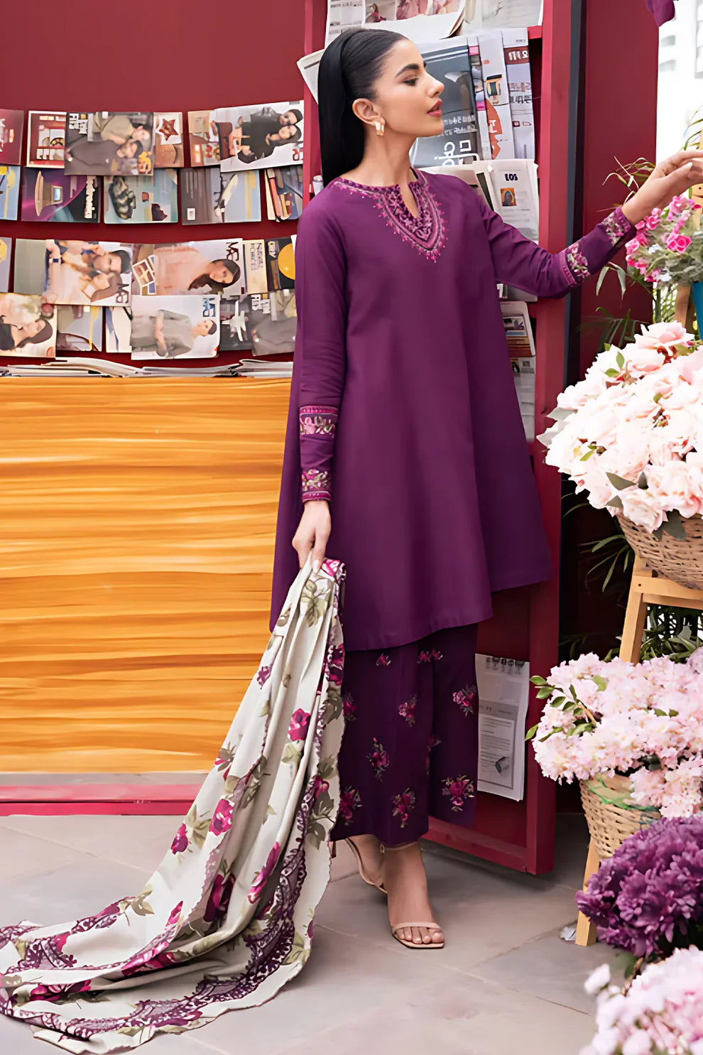 SAPPHIRE - 3PC DHANAK EMBROIDERED SHIRT WITH DHA COUTURE WOOL PRINT SHAWL AND TROUSER-ADR-3170