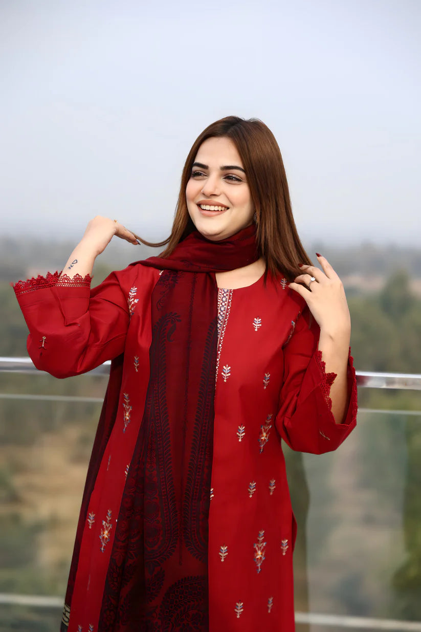 ADORE-3PC KHADDAR CUTWORK EMBROIDERED SHIRT WITH KASHMIRI JACQUARD WOOL SHAWL-ADR-1513