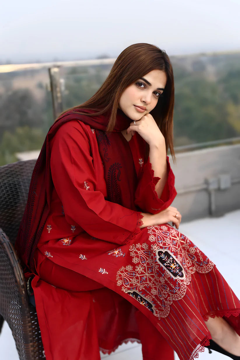 ADORE-3PC KHADDAR CUTWORK EMBROIDERED SHIRT WITH KASHMIRI JACQUARD WOOL SHAWL-ADR-1513