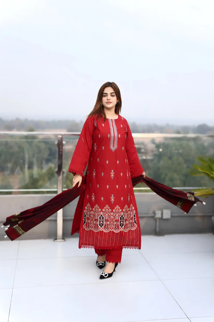 ADORE-3PC KHADDAR CUTWORK EMBROIDERED SHIRT WITH KASHMIRI JACQUARD WOOL SHAWL-ADR-1513