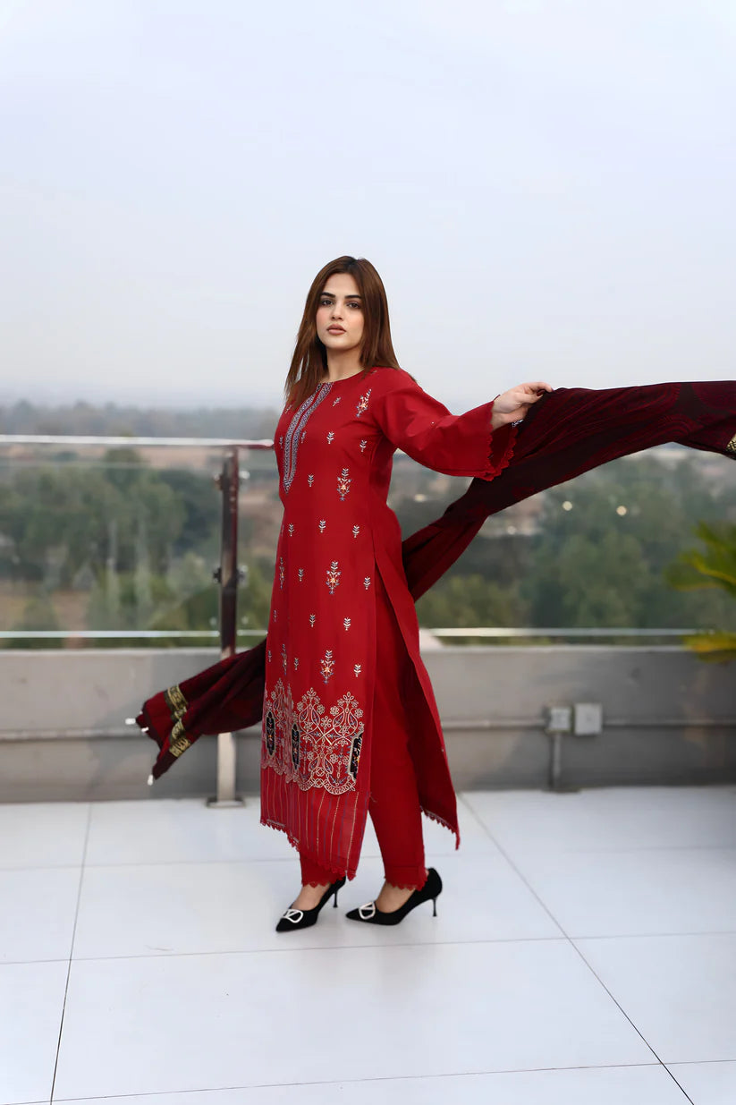ADORE-3PC KHADDAR CUTWORK EMBROIDERED SHIRT WITH KASHMIRI JACQUARD WOOL SHAWL-ADR-1513