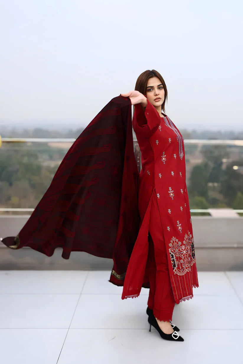 ADORE-3PC KHADDAR CUTWORK EMBROIDERED SHIRT WITH KASHMIRI JACQUARD WOOL SHAWL-ADR-1513