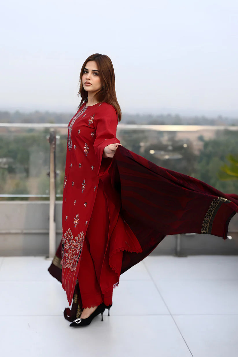 ADORE-3PC KHADDAR CUTWORK EMBROIDERED SHIRT WITH KASHMIRI JACQUARD WOOL SHAWL-ADR-1513