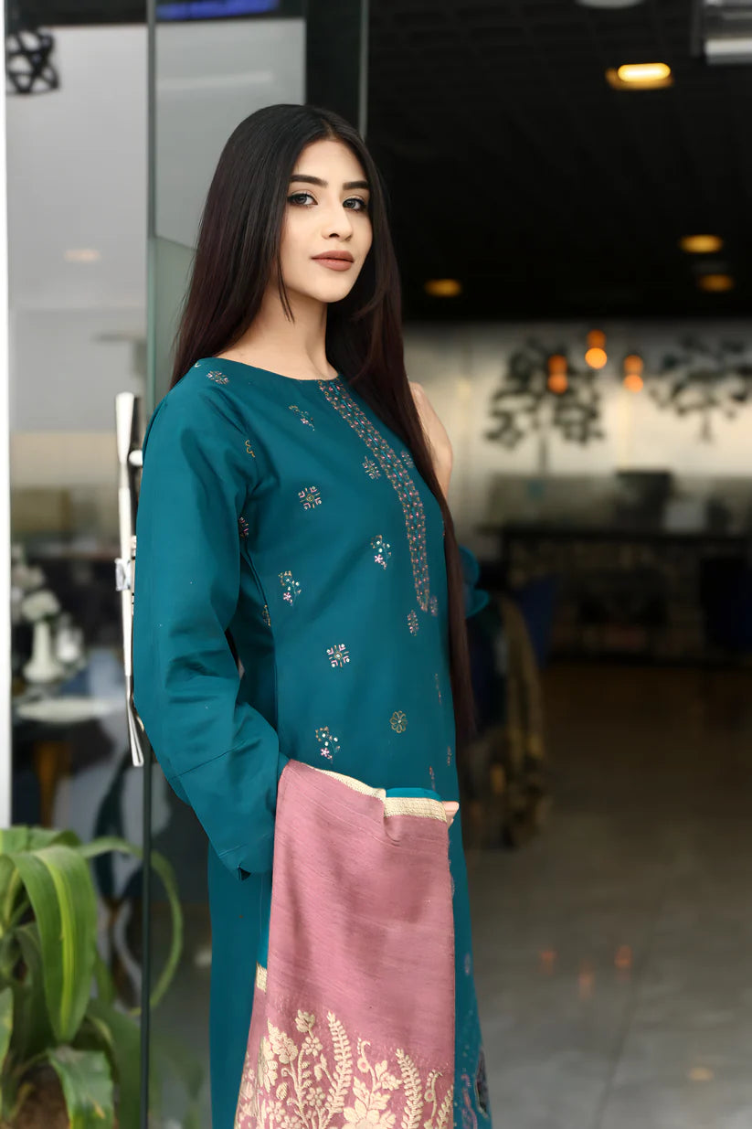 ADORE-3PC KHADDAR CUTWORK EMBROIDERED SHIRT WITH KASHMIRI JACQUARD WOOL SHAWL-ADR-1516