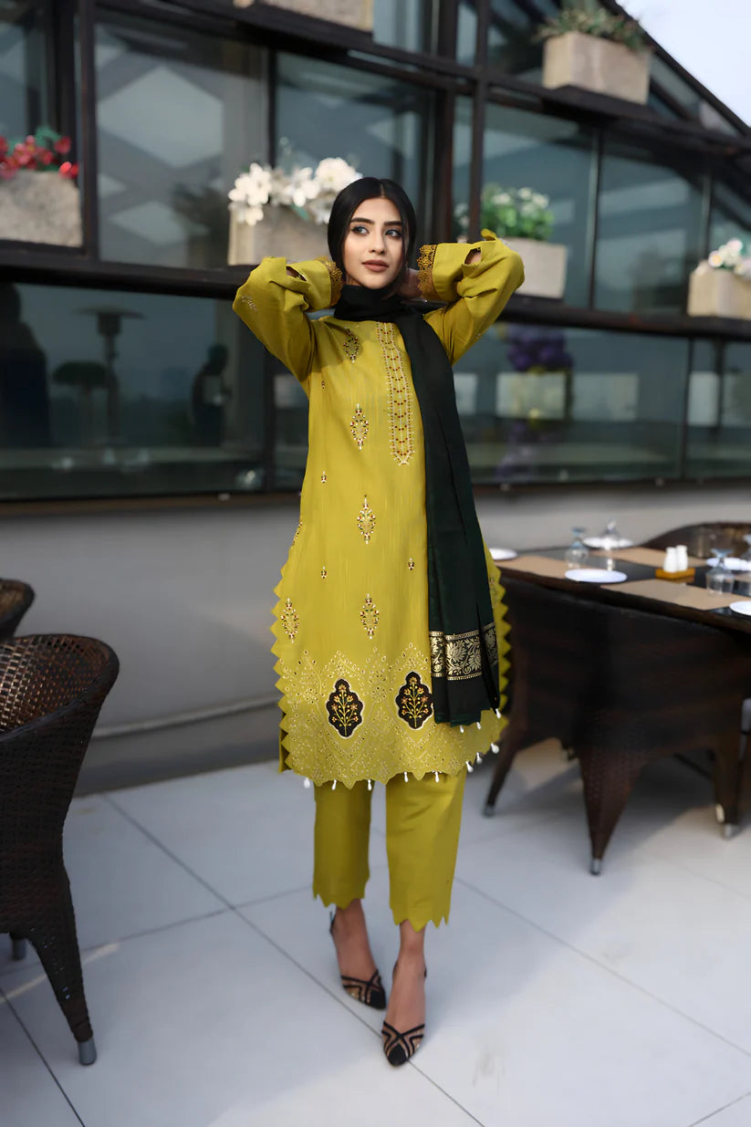 ADORE-3PC KHADDAR CUTWORK EMBROIDERED SHIRT WITH KASHMIRI JACQUARD WOOL SHAWL-ADR-1514