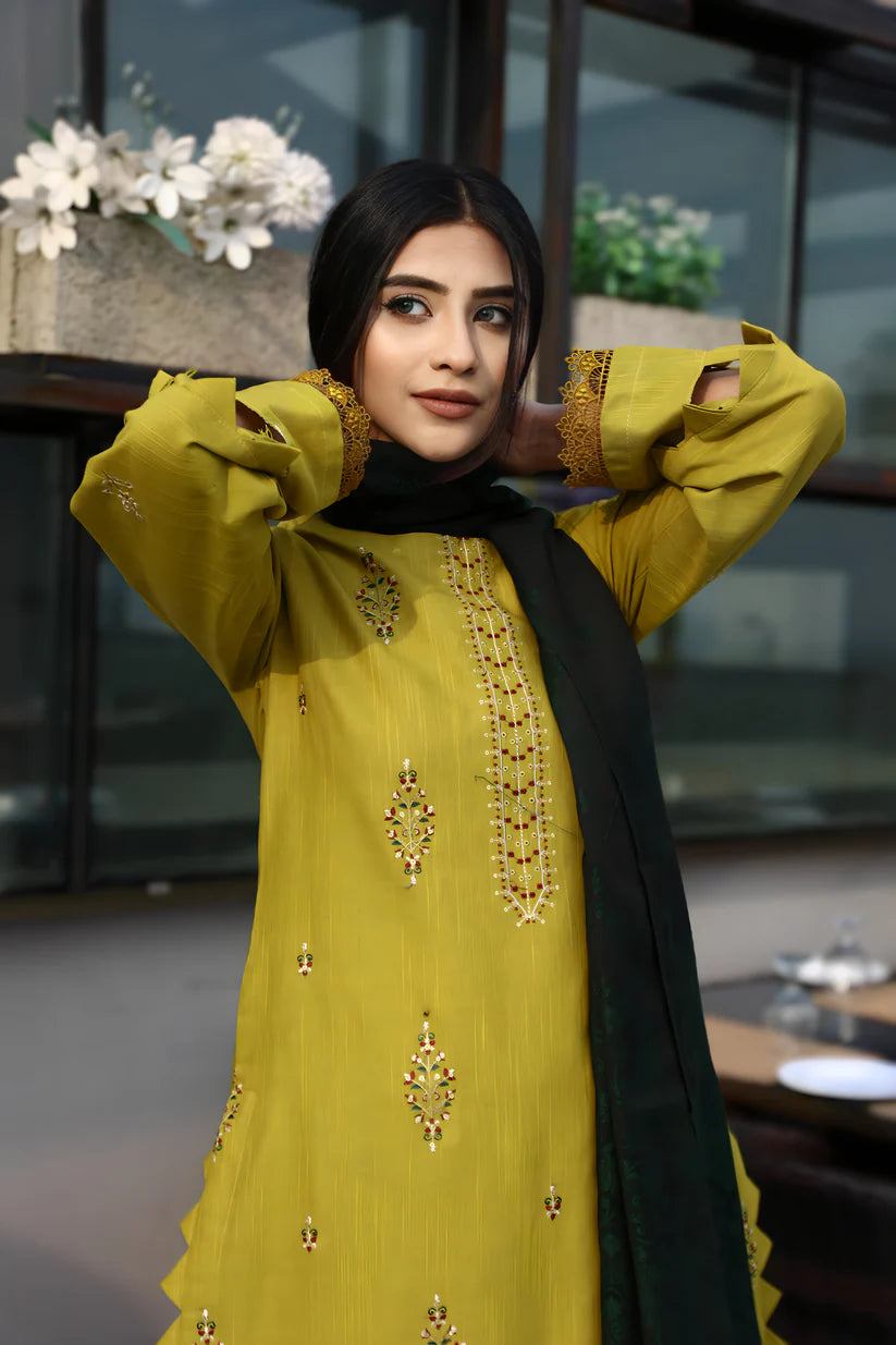 ADORE-3PC KHADDAR CUTWORK EMBROIDERED SHIRT WITH KASHMIRI JACQUARD WOOL SHAWL-ADR-1514