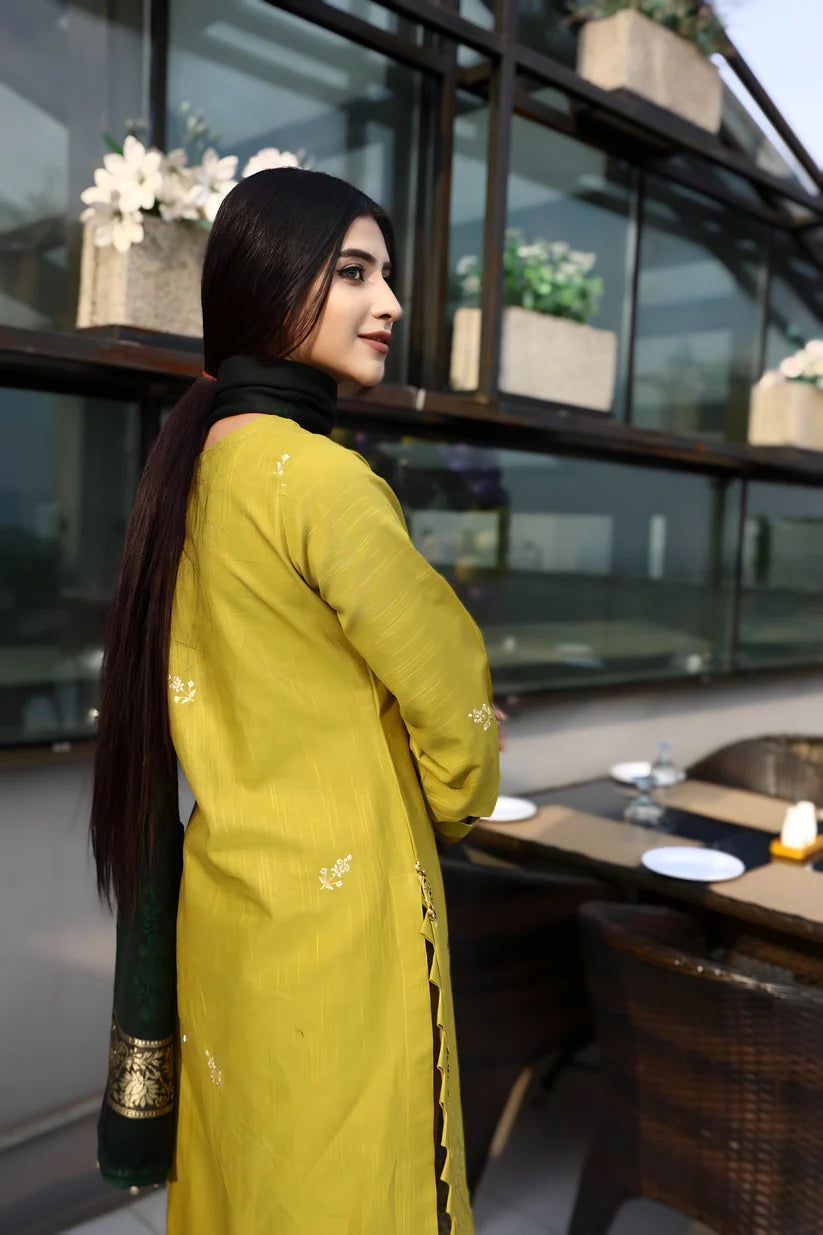 ADORE-3PC KHADDAR CUTWORK EMBROIDERED SHIRT WITH KASHMIRI JACQUARD WOOL SHAWL-ADR-1514