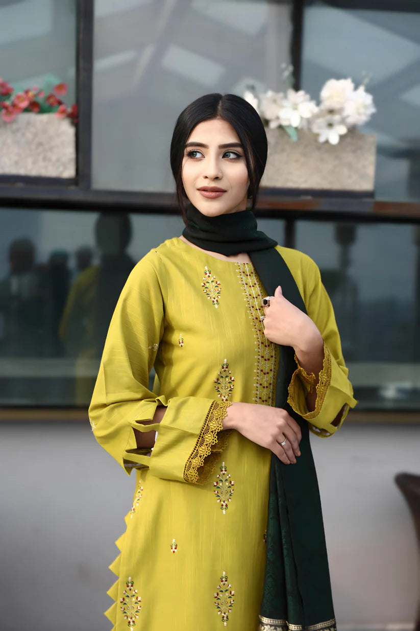 ADORE-3PC KHADDAR CUTWORK EMBROIDERED SHIRT WITH KASHMIRI JACQUARD WOOL SHAWL-ADR-1514