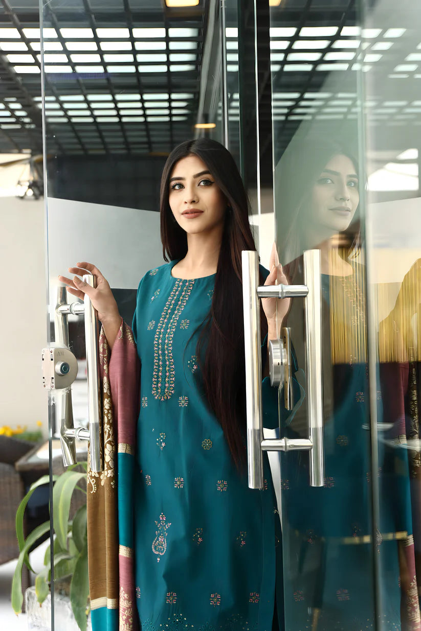 ADORE-3PC KHADDAR CUTWORK EMBROIDERED SHIRT WITH KASHMIRI JACQUARD WOOL SHAWL-ADR-1516