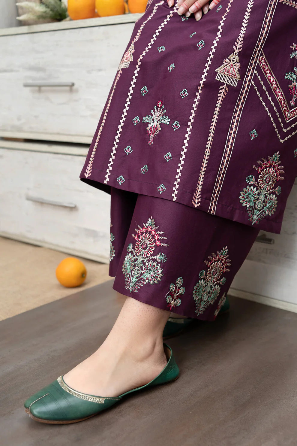 URGE- 3PC DHANAK EMBROIDERED SHIRT WITH COUTURE WOOL PRINT SHAWL AND EMB TROUSER-ADR-3165