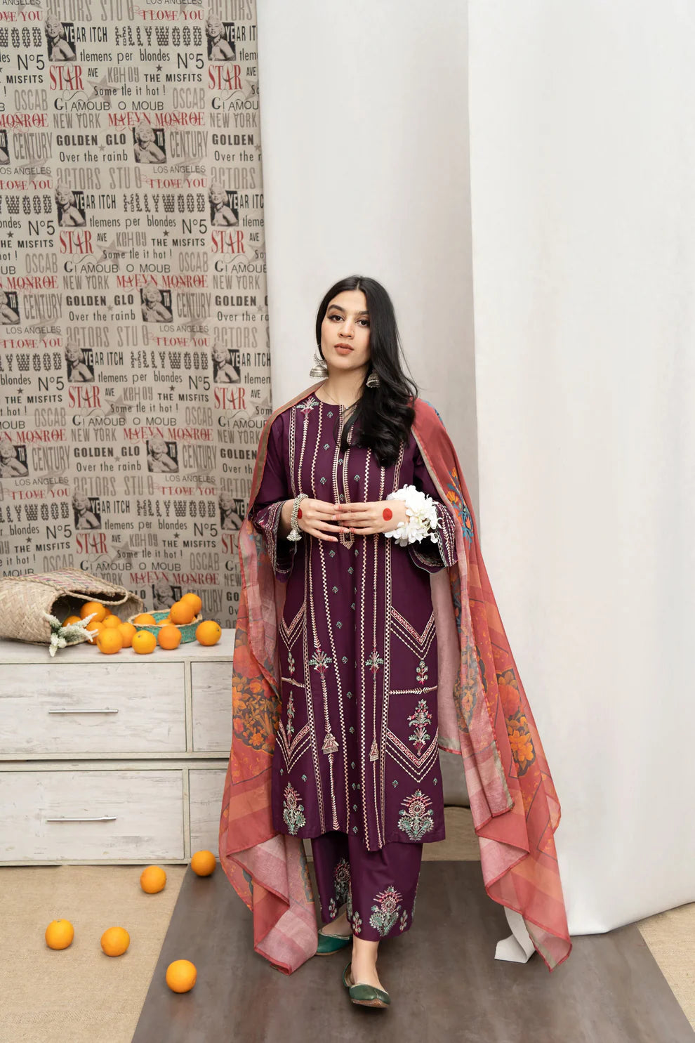 URGE- 3PC DHANAK EMBROIDERED SHIRT WITH COUTURE WOOL PRINT SHAWL AND EMB TROUSER-ADR-3165