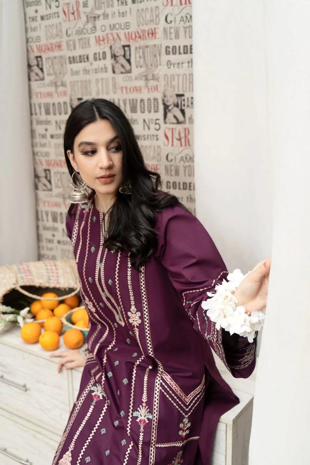 URGE- 3PC DHANAK EMBROIDERED SHIRT WITH COUTURE WOOL PRINT SHAWL AND EMB TROUSER-ADR-3165