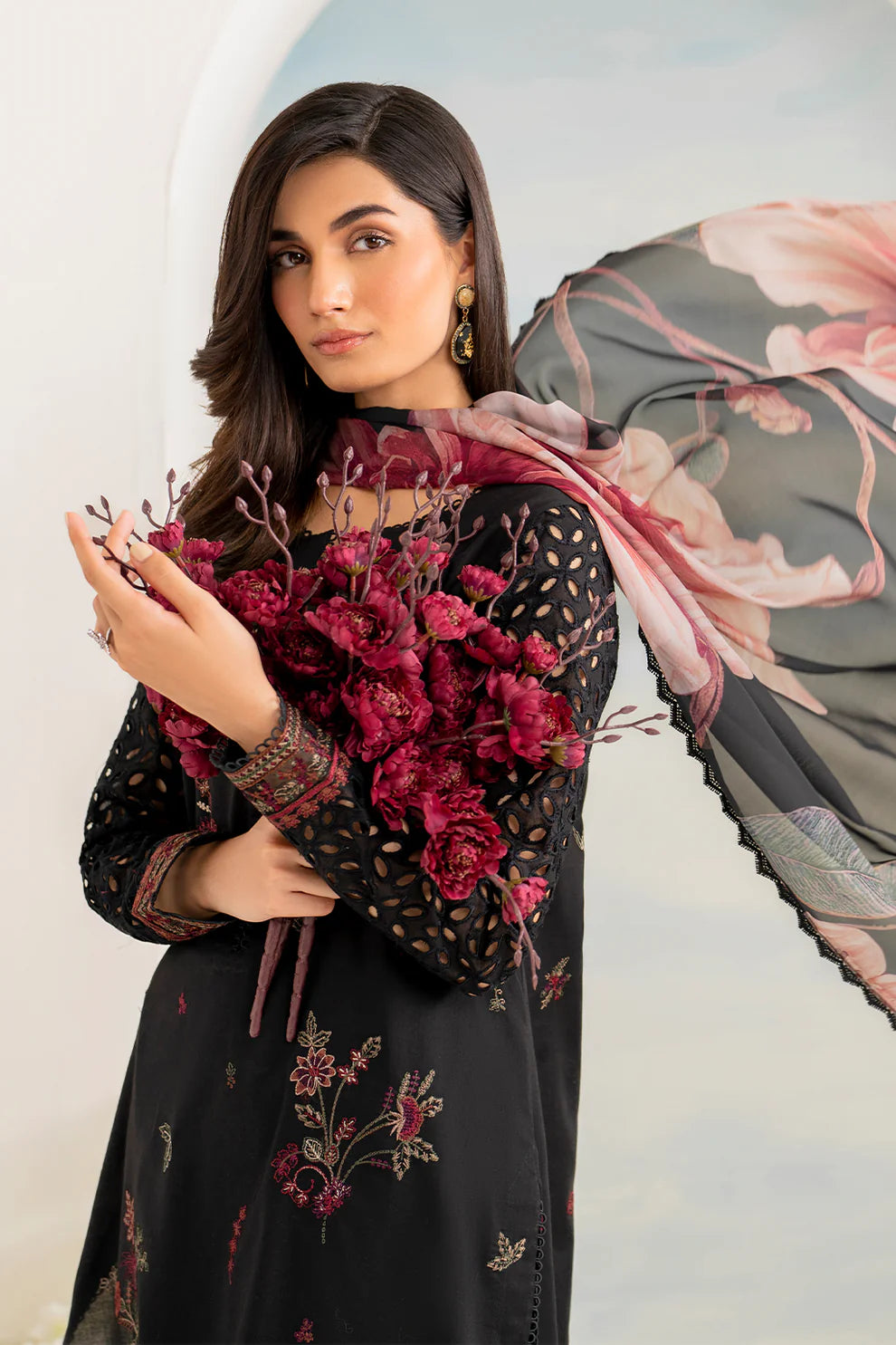 IZNIK- 3PC DHANAK EMBROIDERED SHIRT WITH COUTURE PRINT SHAWL AND EMB TROUSER-ADR-4137