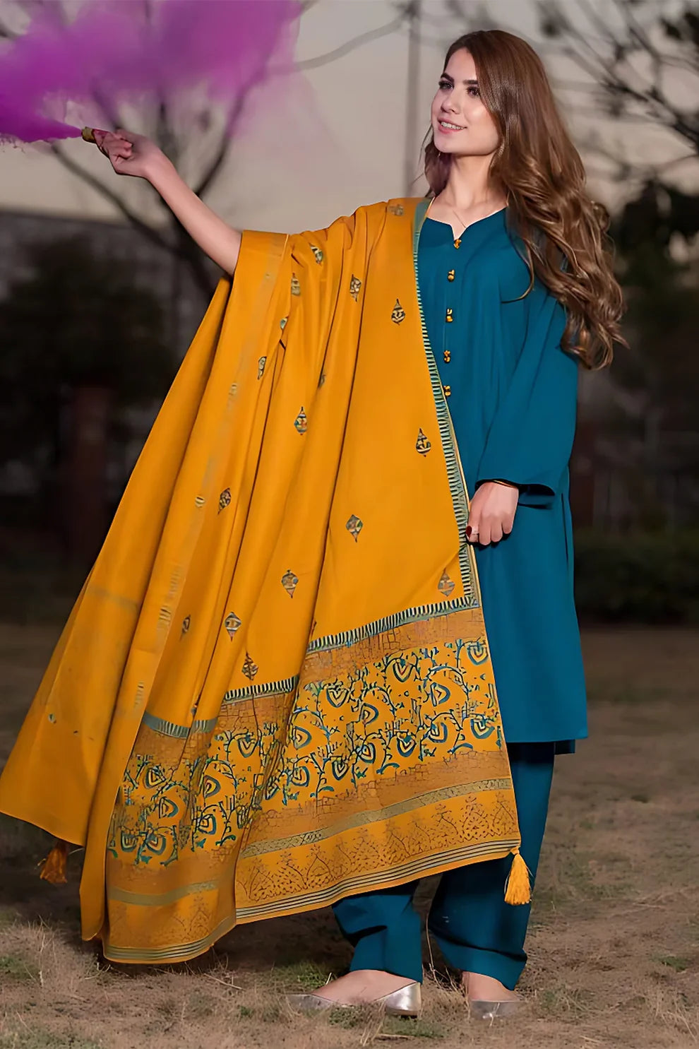 KAYSERIA- 3PC DHANAK WITH COUTURE WOOL PRINTED SHAWL-ADR-3108