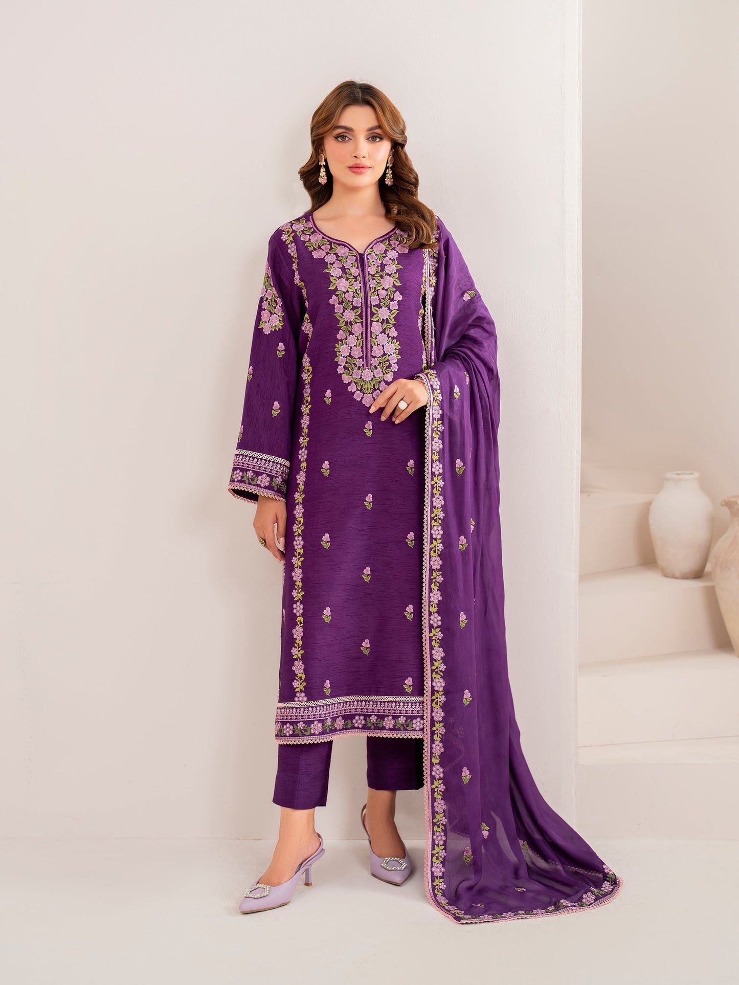 GARNET-3PC LAWN EMBROIDERED SHIRT WITH CHIFFON EMBROIDERED DUPATTA AND TROUSER-ADR-3613