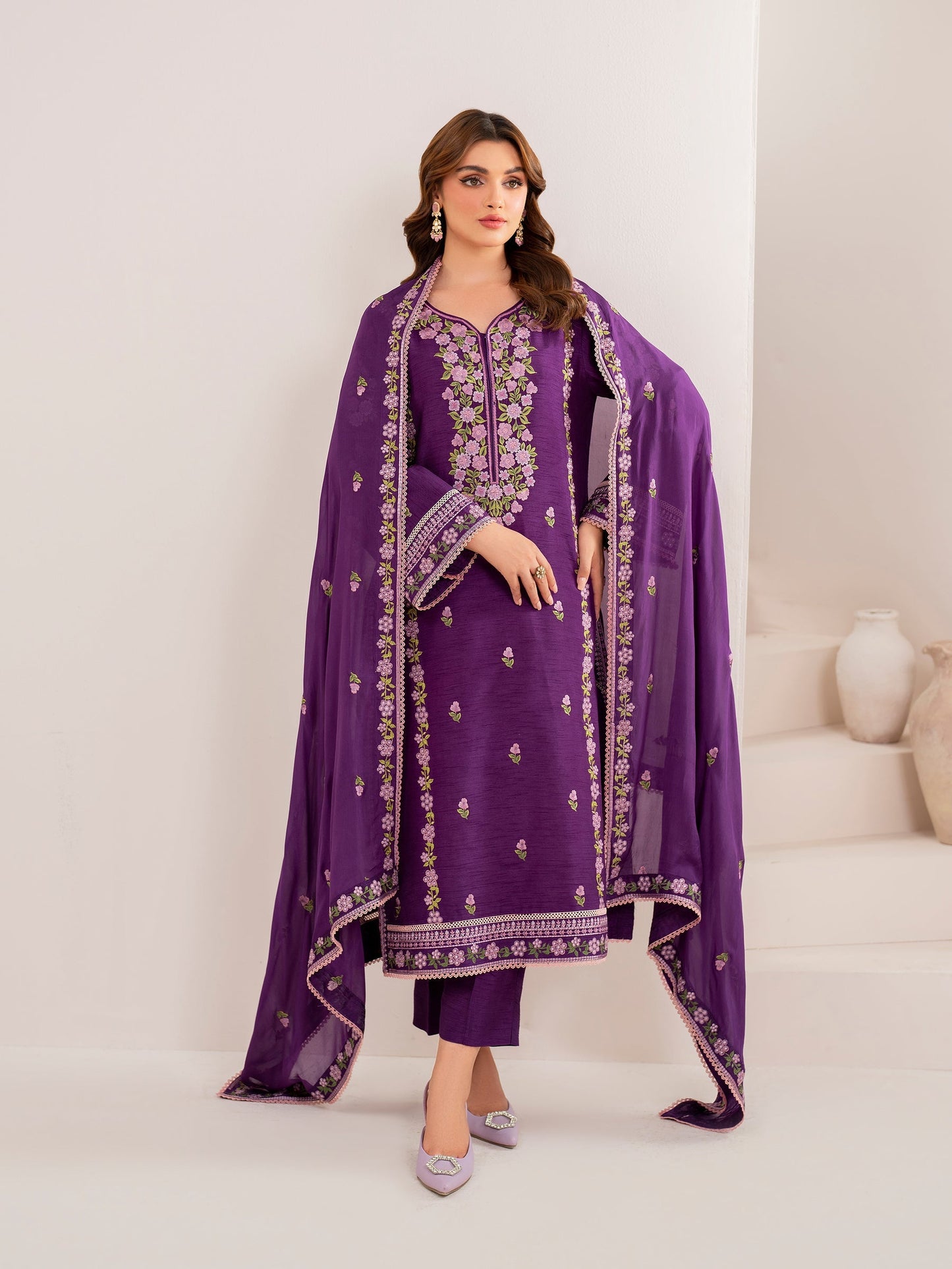 GARNET-3PC LAWN EMBROIDERED SHIRT WITH CHIFFON EMBROIDERED DUPATTA AND TROUSER-ADR-3613