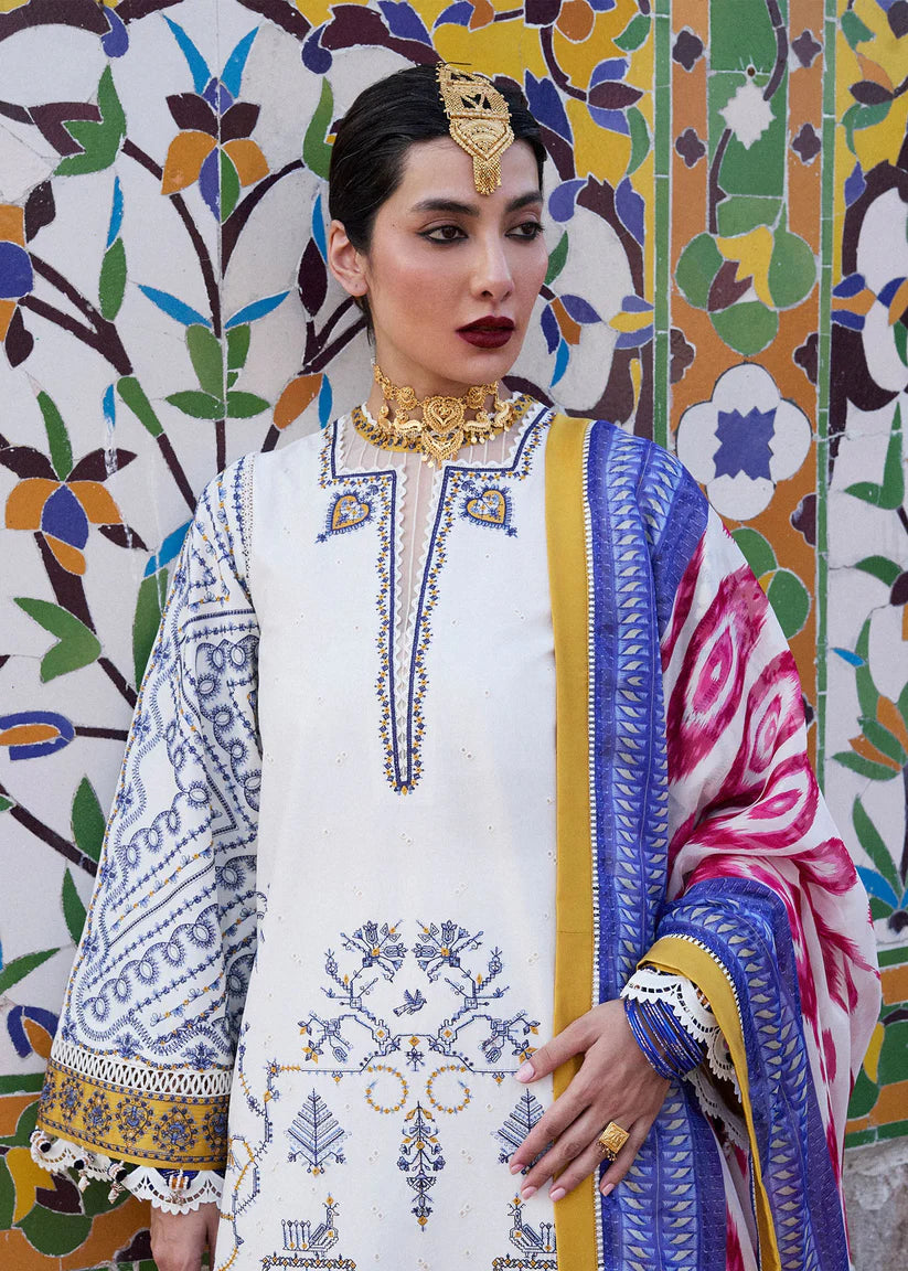 HUSSAIN REHAR-3PC KHADDAR HEAVY EMBROIDERED SHIRT WITH COURTRAI WOOL PRINT SHAWL AND TROUSER-ADR-4094