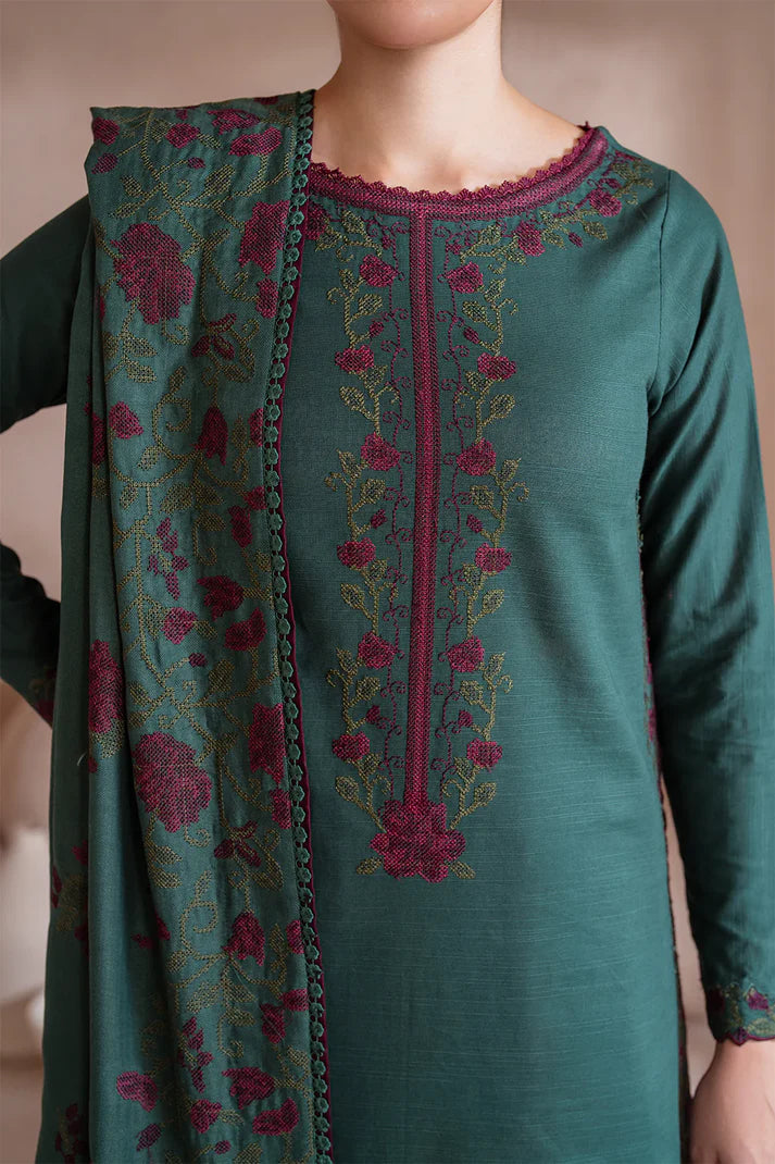 IZNIK-3PC DHANAK EMBROIDERED SHIRT WITH DHANAK EMBROIDERED SHAWL & TROUSER-ADR-3389