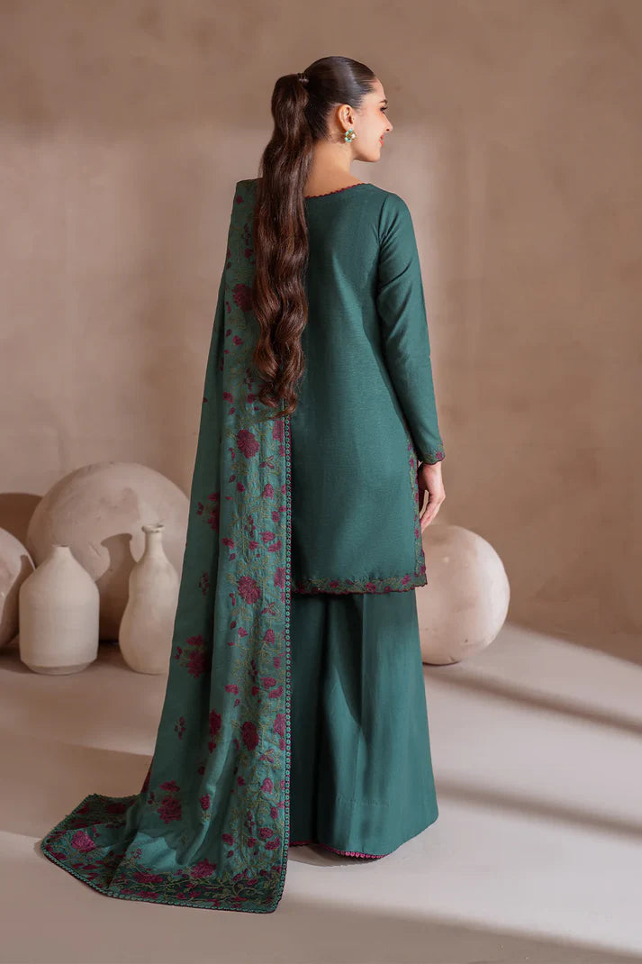 IZNIK-3PC DHANAK EMBROIDERED SHIRT WITH DHANAK EMBROIDERED SHAWL & TROUSER-ADR-3389