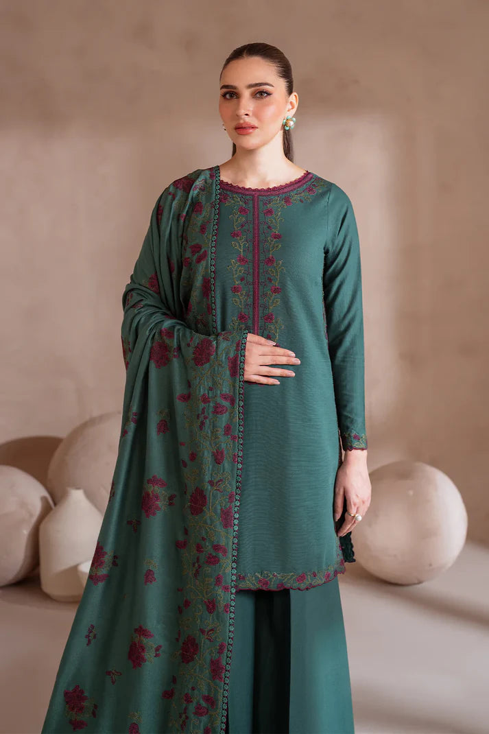 IZNIK-3PC DHANAK EMBROIDERED SHIRT WITH DHANAK EMBROIDERED SHAWL & TROUSER-ADR-3389