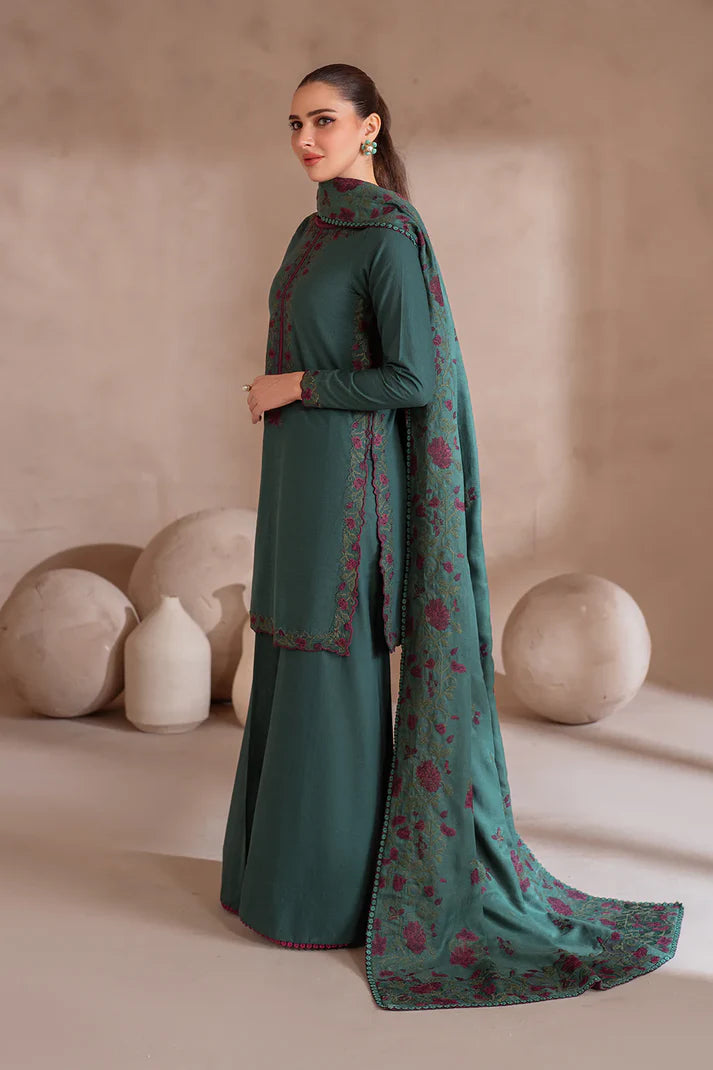 IZNIK-3PC DHANAK EMBROIDERED SHIRT WITH DHANAK EMBROIDERED SHAWL & TROUSER-ADR-3389